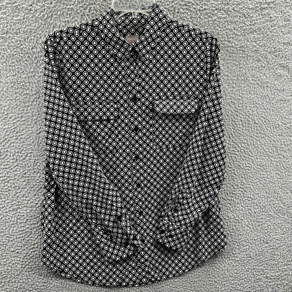 Chicos Womens Blouse M Black Geometric Print Minimalist Career Office Modern Top